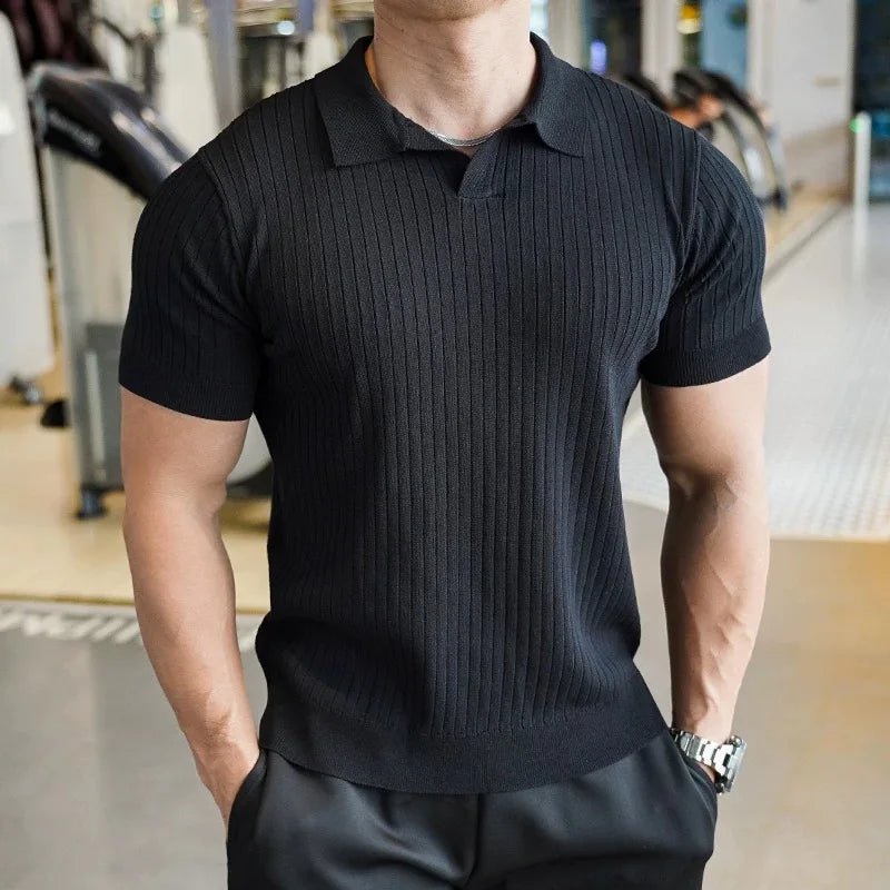 Summer Solid Color V-Neck Knitted Polo Shirt Men'S Fashion Striped Ice Silk Casual Short Sleeved Tee High Quality Men Clothing