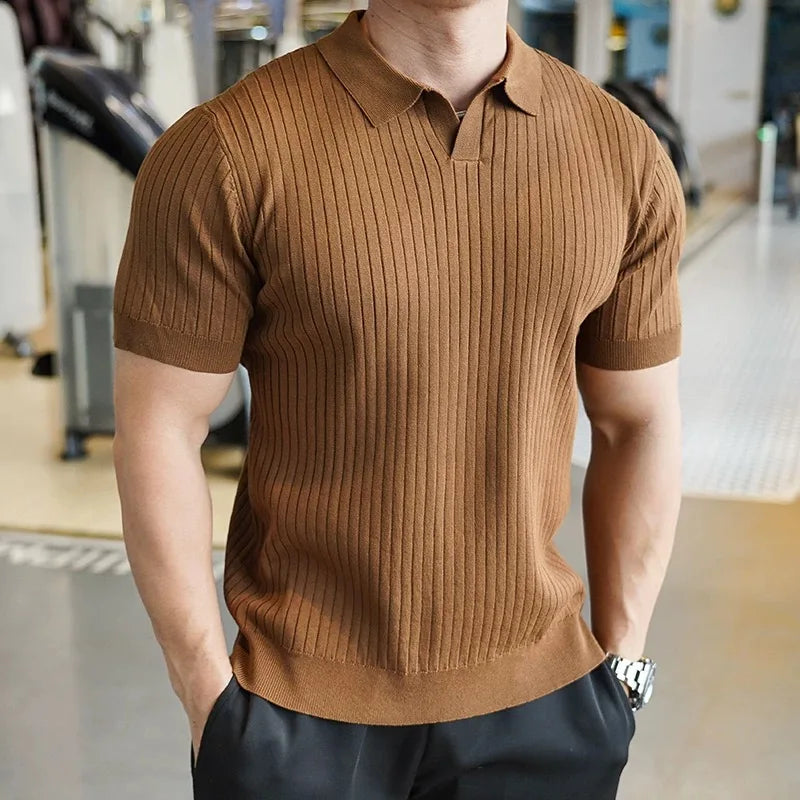 Summer Solid Color V-Neck Knitted Polo Shirt Men'S Fashion Striped Ice Silk Casual Short Sleeved Tee High Quality Men Clothing