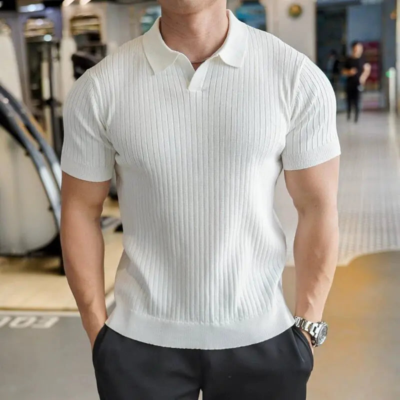 Summer Solid Color V-Neck Knitted Polo Shirt Men'S Fashion Striped Ice Silk Casual Short Sleeved Tee High Quality Men Clothing
