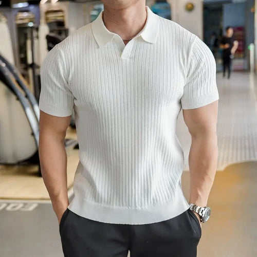 Summer Solid Color V-Neck Knitted Polo Shirt Men'S Fashion Striped Ice Silk Casual Short Sleeved Tee High Quality Men Clothing