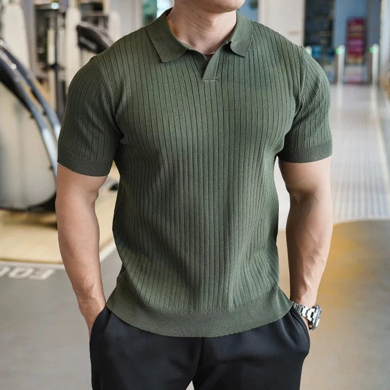Summer Solid Color V-Neck Knitted Polo Shirt Men'S Fashion Striped Ice Silk Casual Short Sleeved Tee High Quality Men Clothing